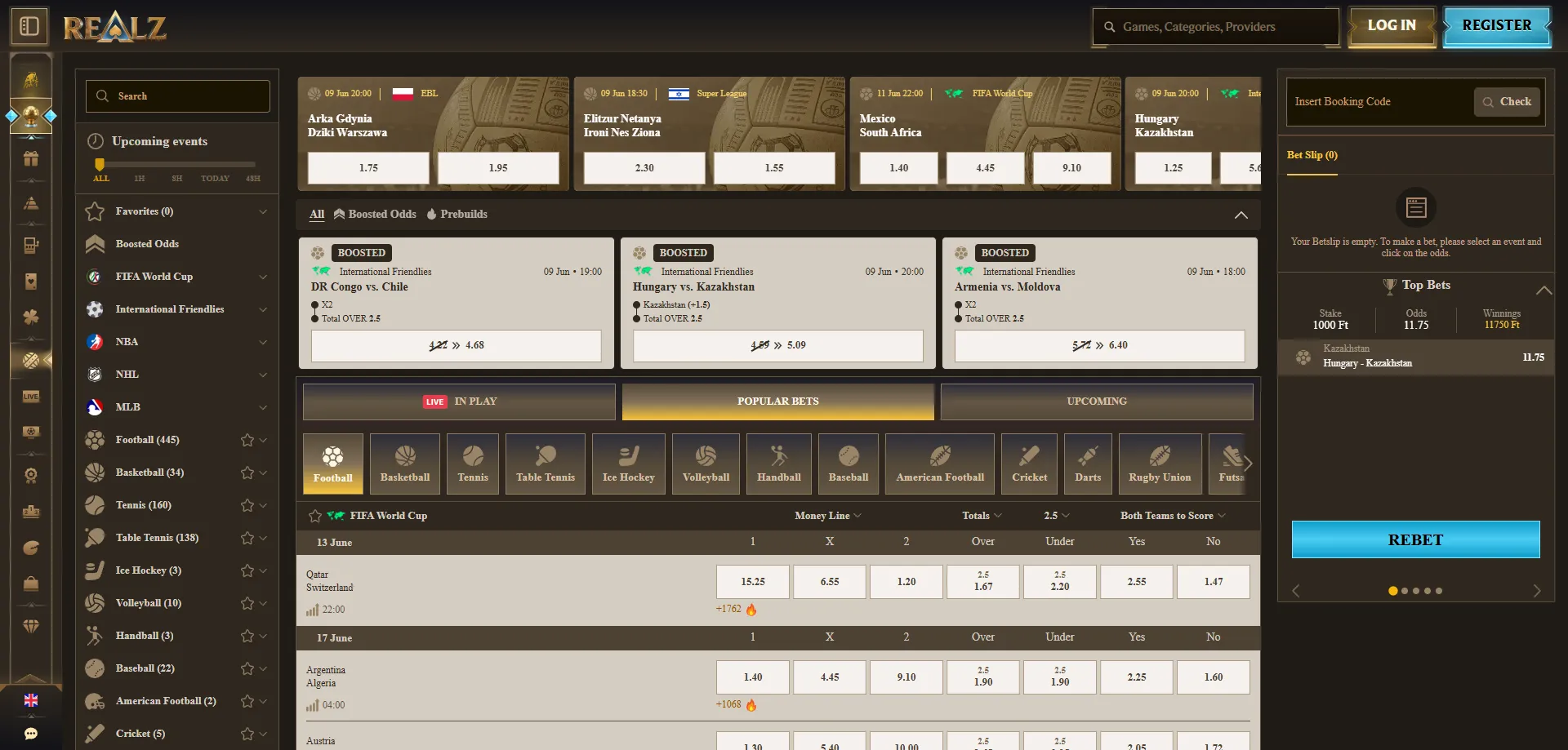 Scommesse sportive Realz Casino &mdash; sportsbook completo calcio ed esport