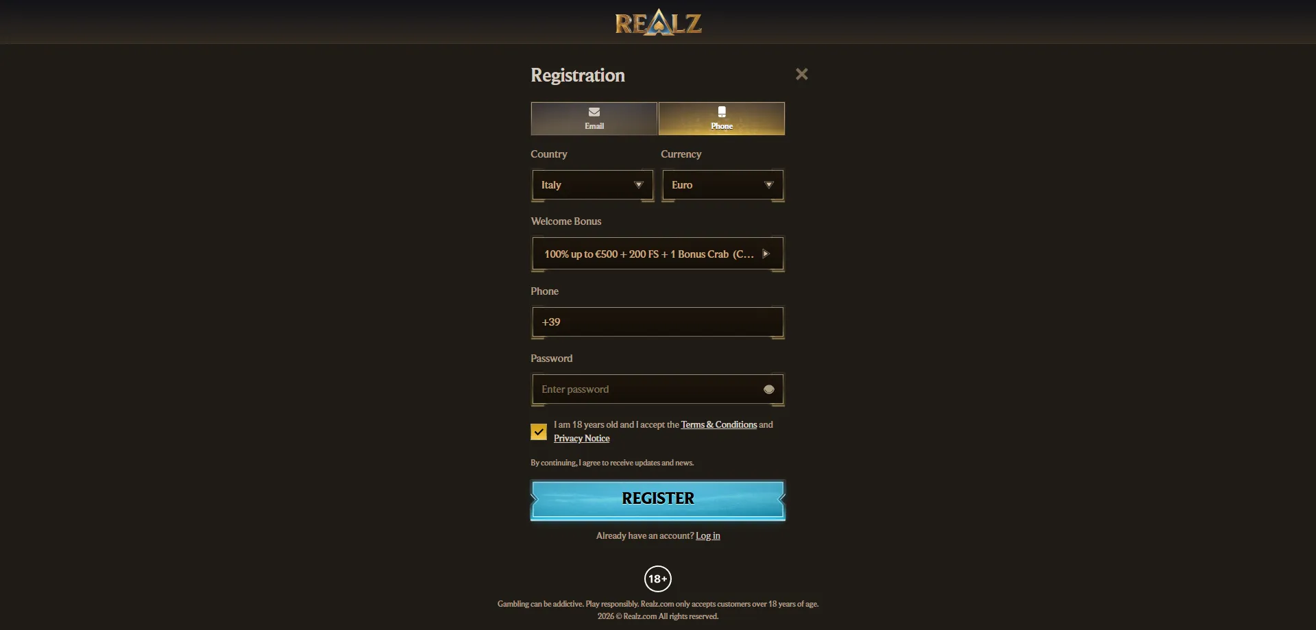Registrazione account Realz Casino Italia &mdash; crea il tuo account ora